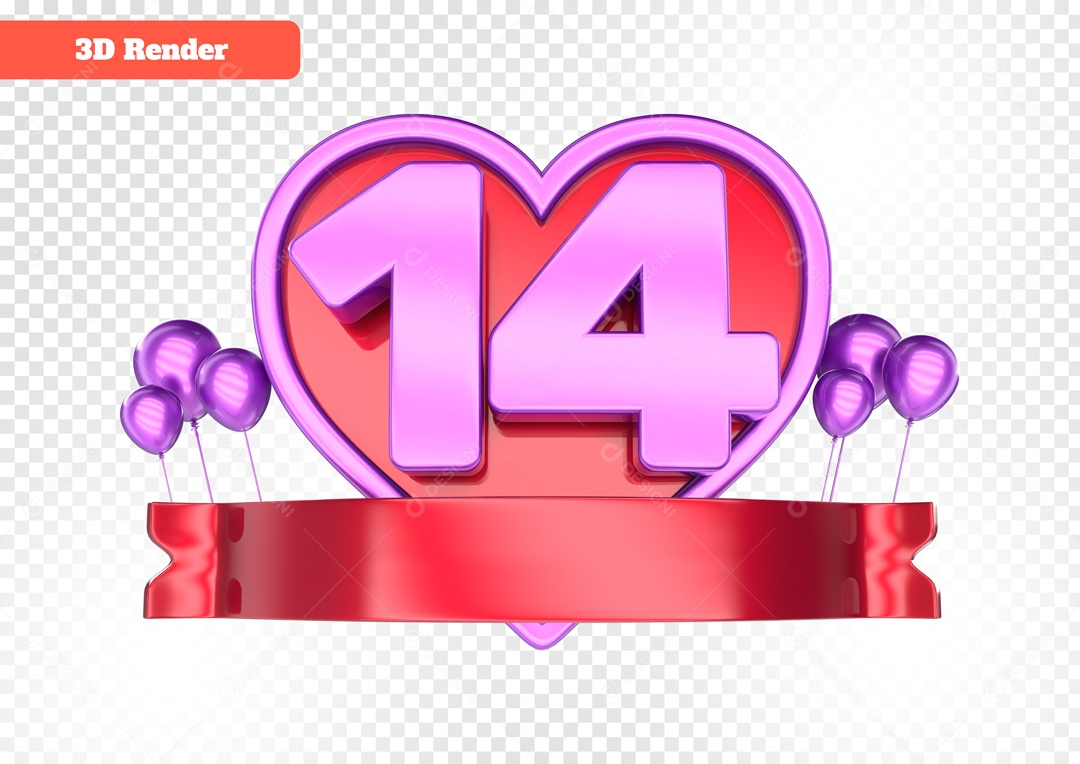 Coração com Número 14 Elemento 3D Roxo e Vermelho para Composição PSD