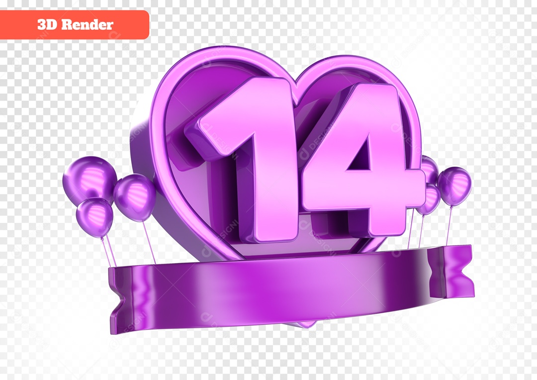 Coração com Número 14 Elemento 3D para Composição PSD