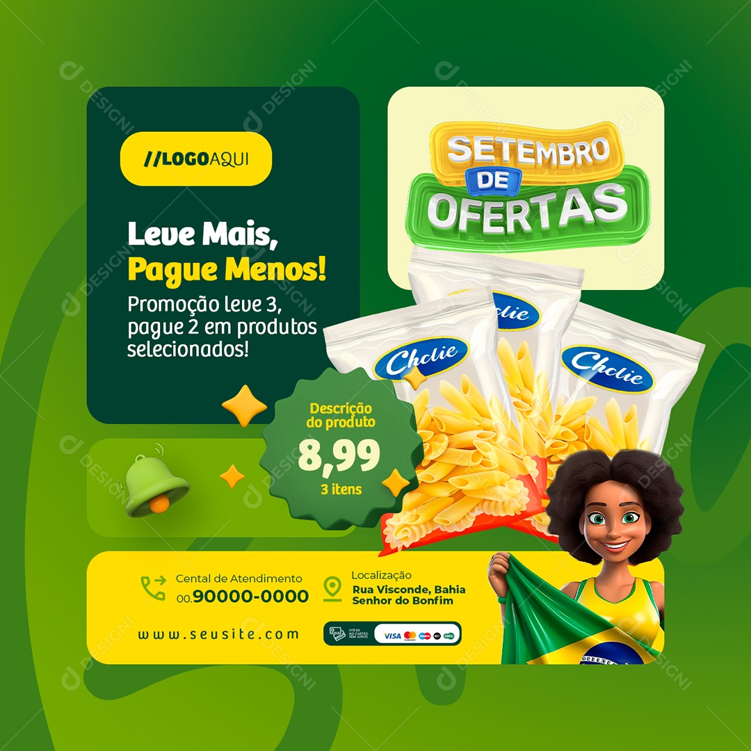 Setembro de Ofertas Supermercado Macarrão Social Media PSD Editável