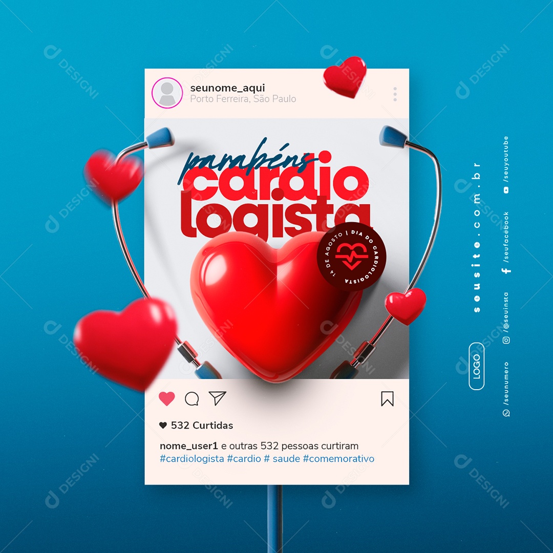 Dia Do Cardiologista 14 de Agosto Parabéns Social Media PSD Editável