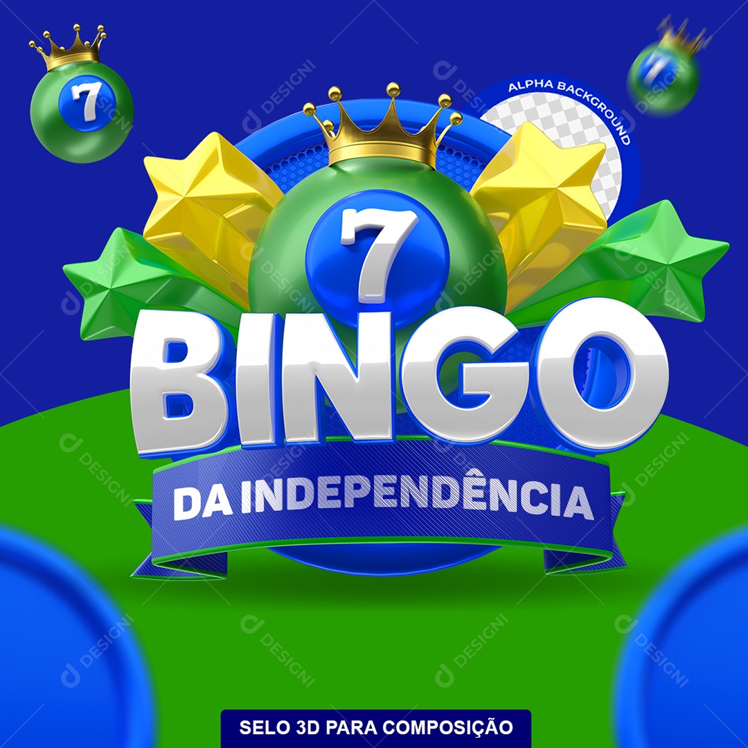 Selo 3D Bingo da Independência Amarelo e Verde para Composição PSD