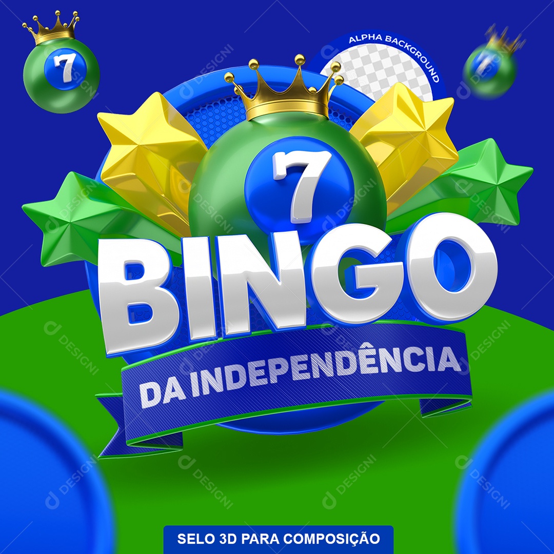 Bingo da Independência Selo 3D Amarelo e Verde para Composição PSD