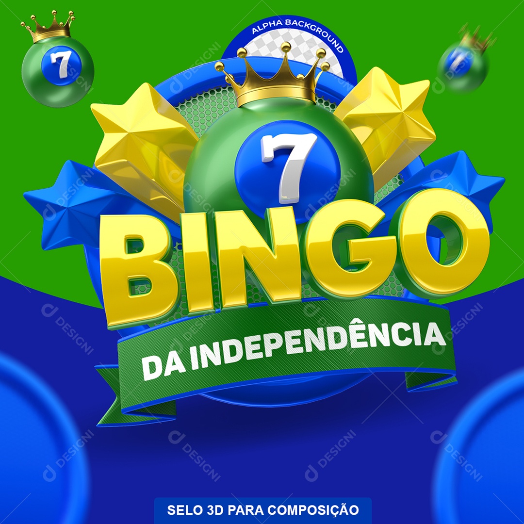 Selo 3D Bingo da Independência Amarelo e Verde para Composição PSD
