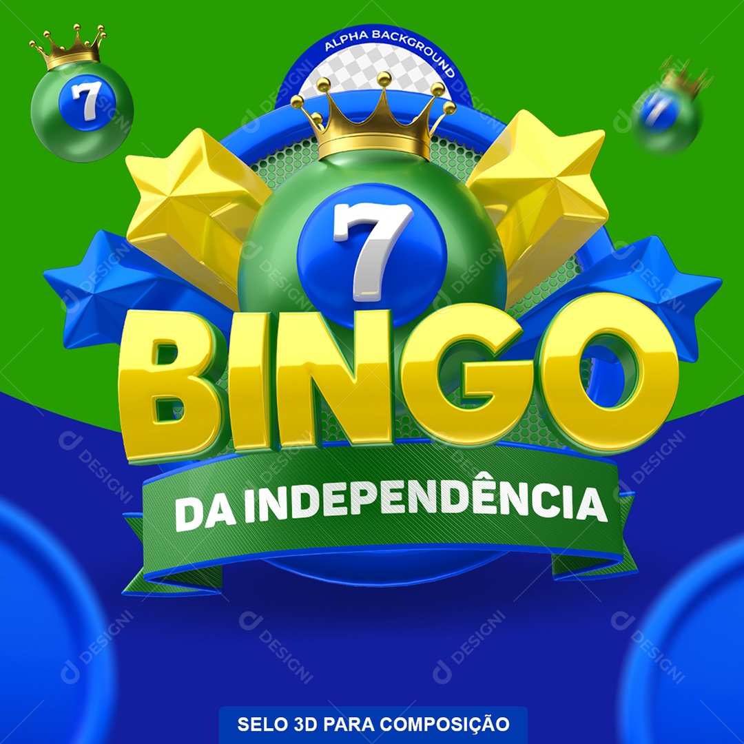 Bingo da Independência Selo 3D Amarelo e Verde para Composição PSD