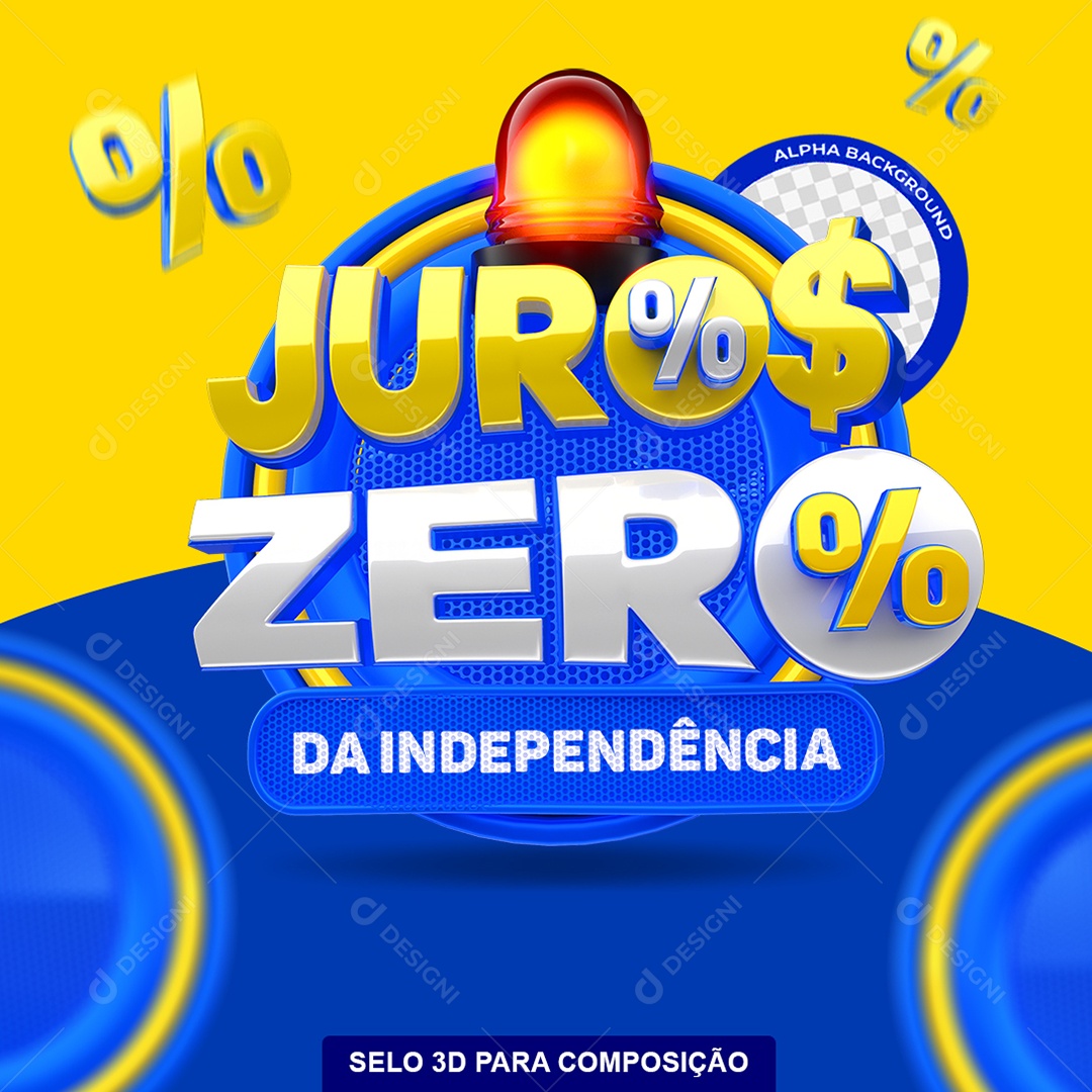Selo 3D Juros Zero da Independência Amarelo e Azul para Composição PSD