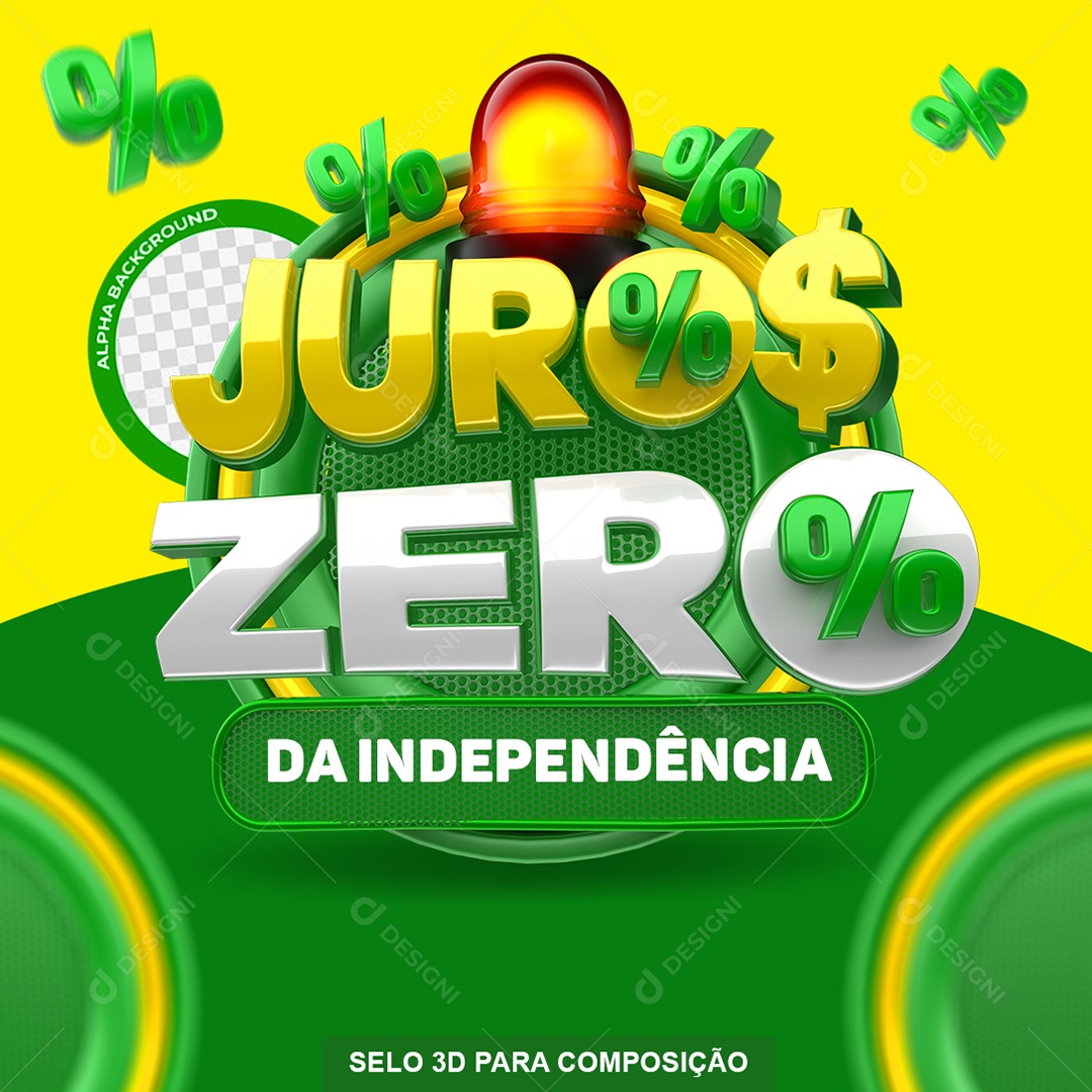 Juros Zero da Independência Selo 3D Amarelo e Verde para Composição PSD