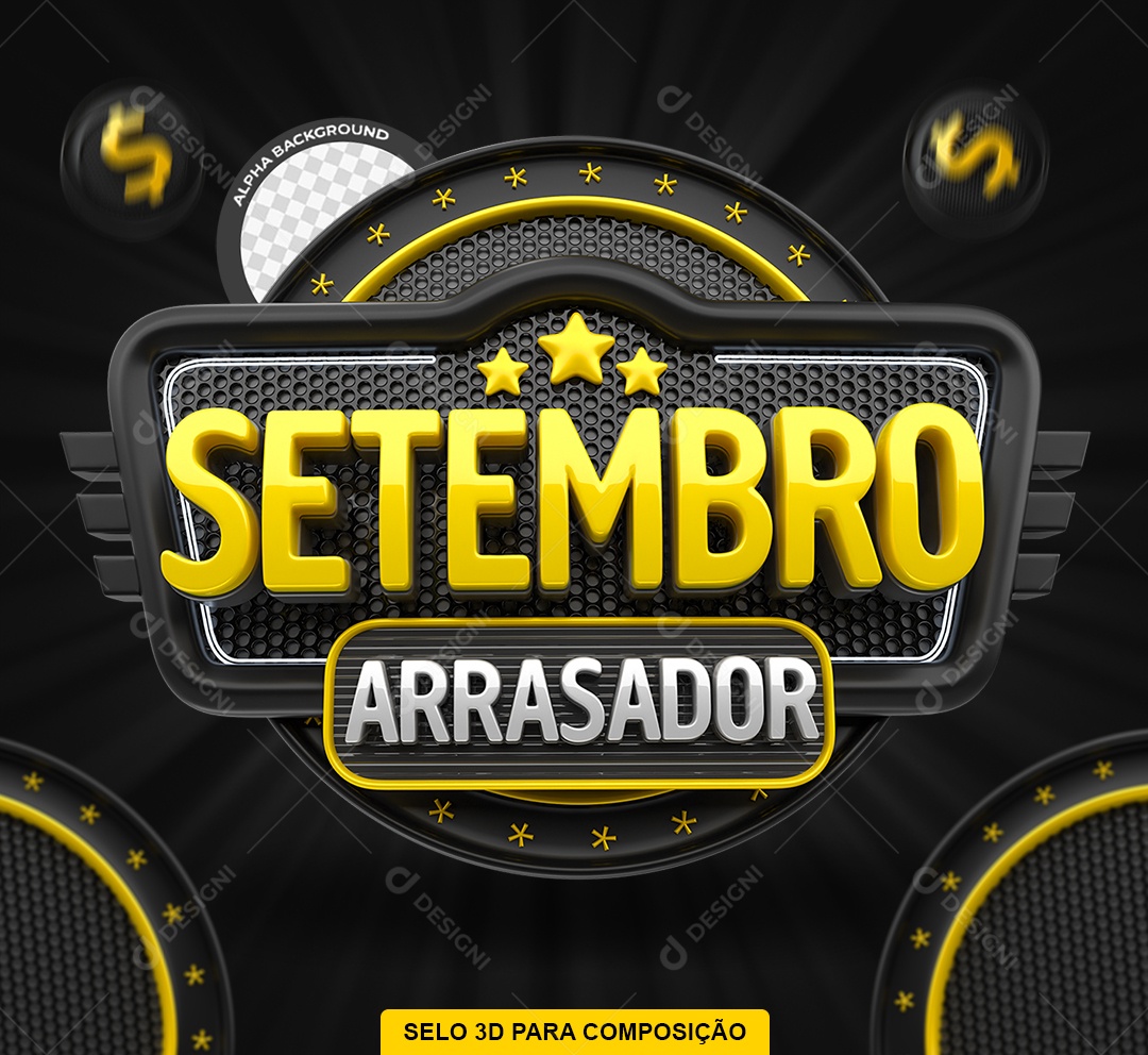 Selo 3D Setembro Arrasador Amarelo e Preto para Composição PSD