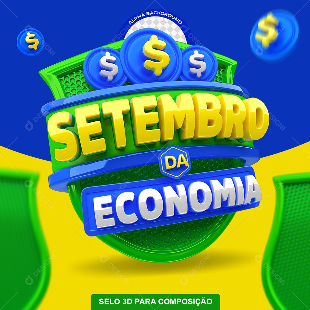 Setembro da Economia Selo 3D Amarelo e Azul para Composição PSD