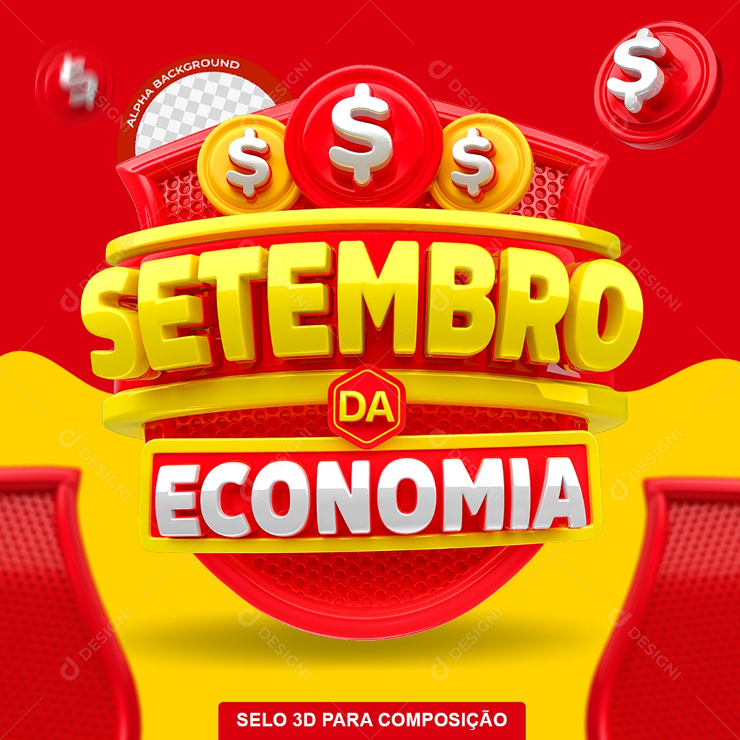 Setembro da Economia Selo 3D Amarelo e Vermelho para Composição PSD