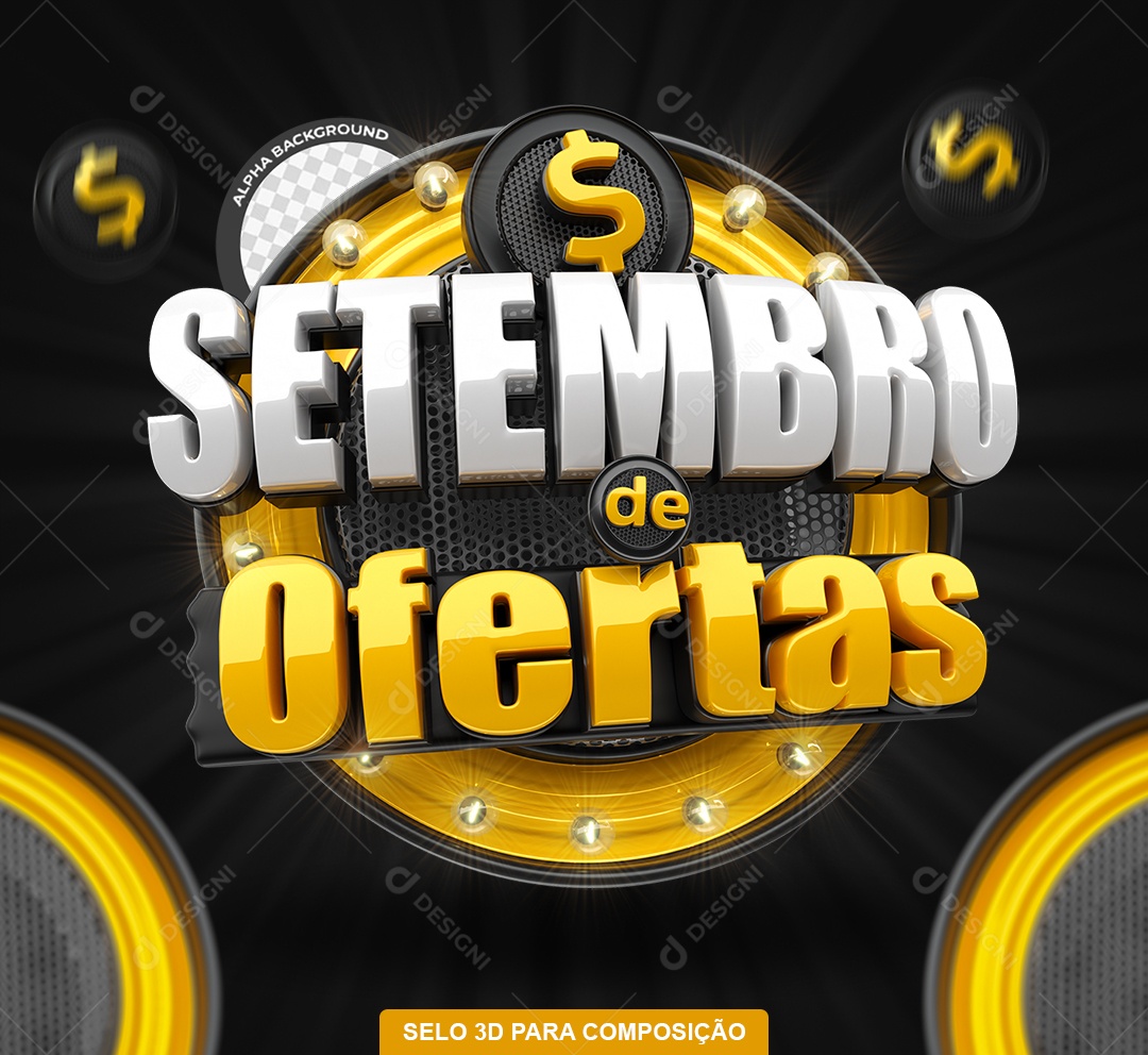 Setembro de Ofertas Selo 3D Amarelo e Branco para Composição PSD