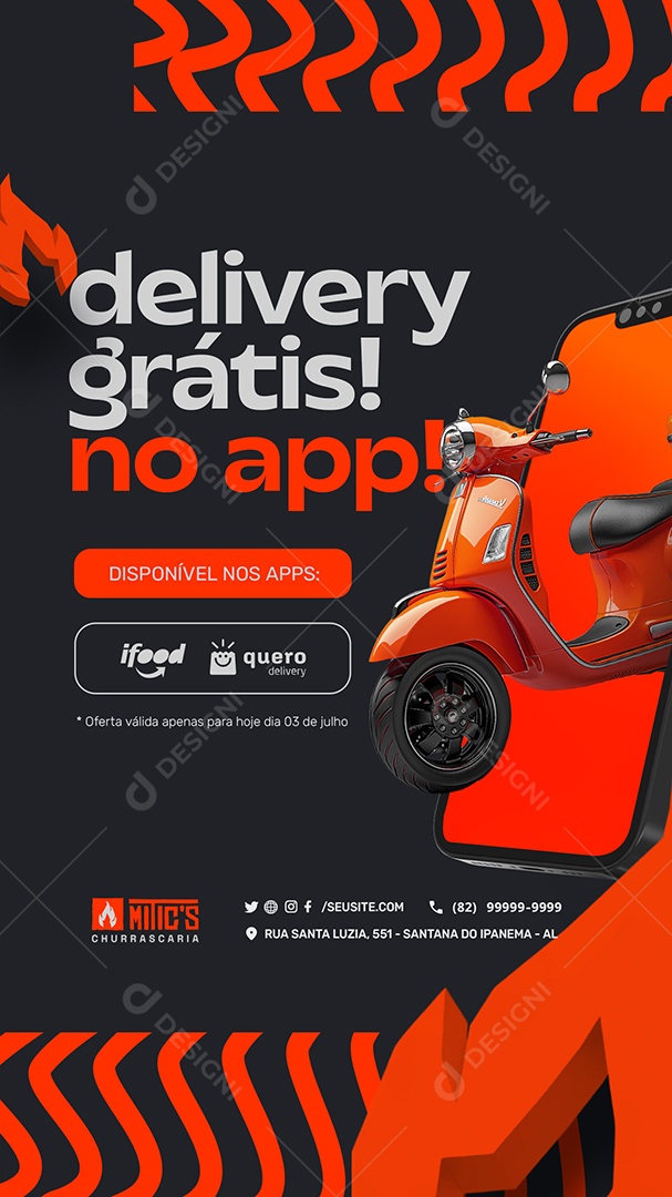 Story Churrascaria Delivery Grátis no App Social Media PSD Editável