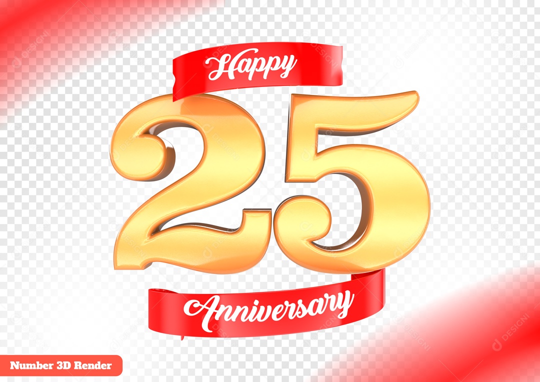 Número 3D 25 Anos Dourado para Composição PSD