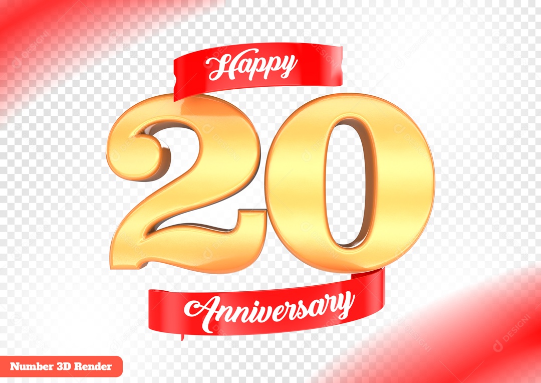 Número 3D 20 Anos Dourado para Composição PSD