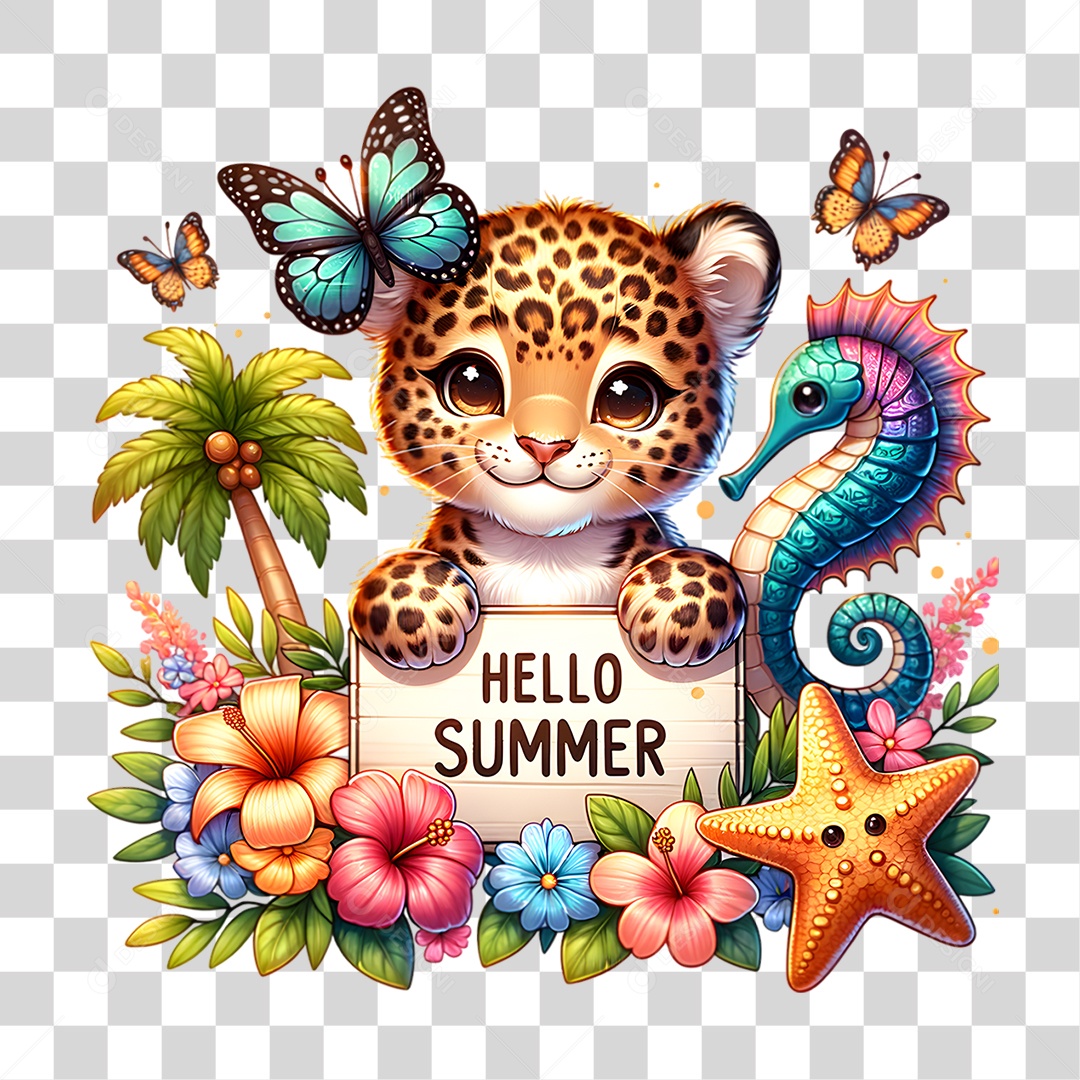 Olá Verão Leopardo Flores Plantas Animais PNG Transparente