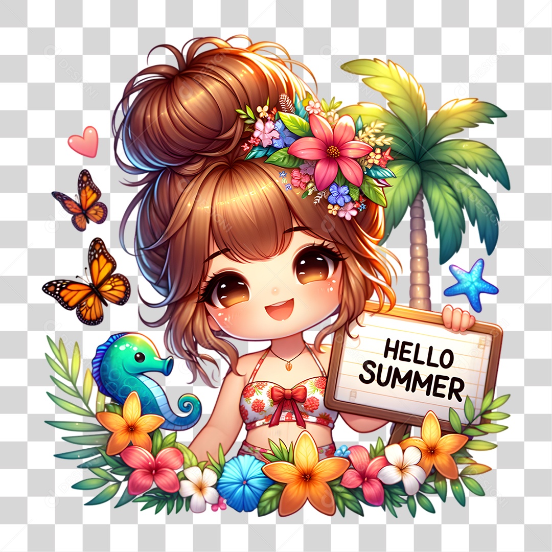 Olá Verão Garota Flores Plantas Animais PNG Transparente
