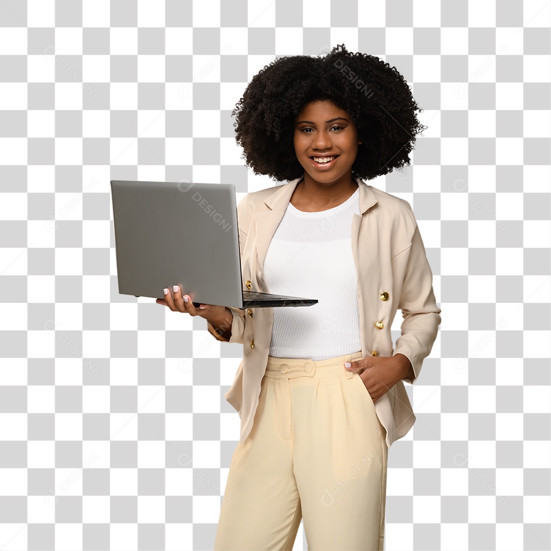 Mulher Morena Segurando Laptop PNG Transparente