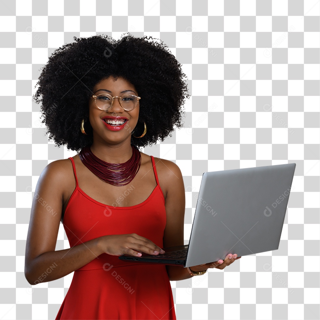 Mulher Morena Segurando Laptop PNG Transparente