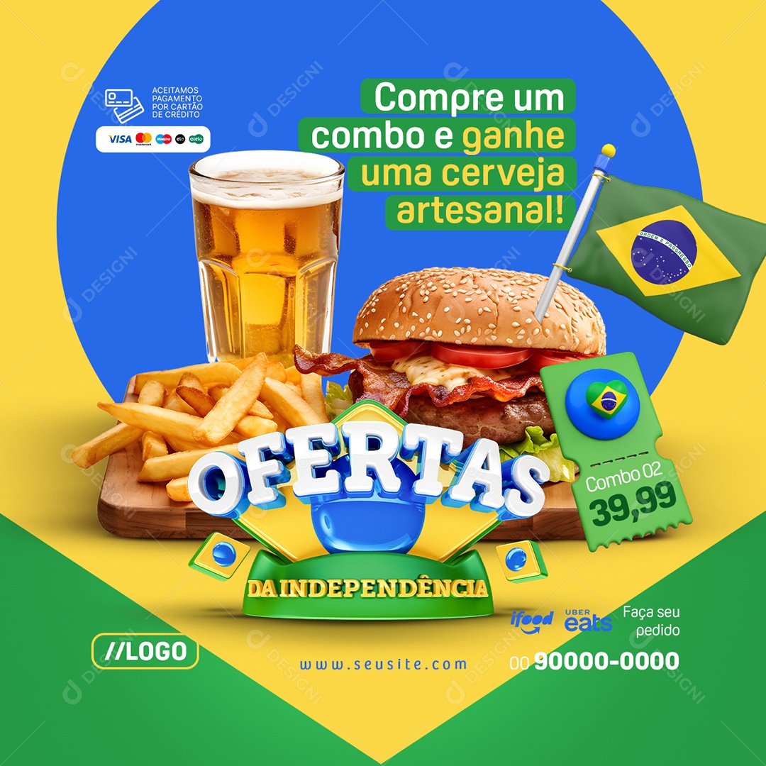 Ofertas da Independência Hamburguer Refrigerante e Batata Frita Social Media PSD Editável