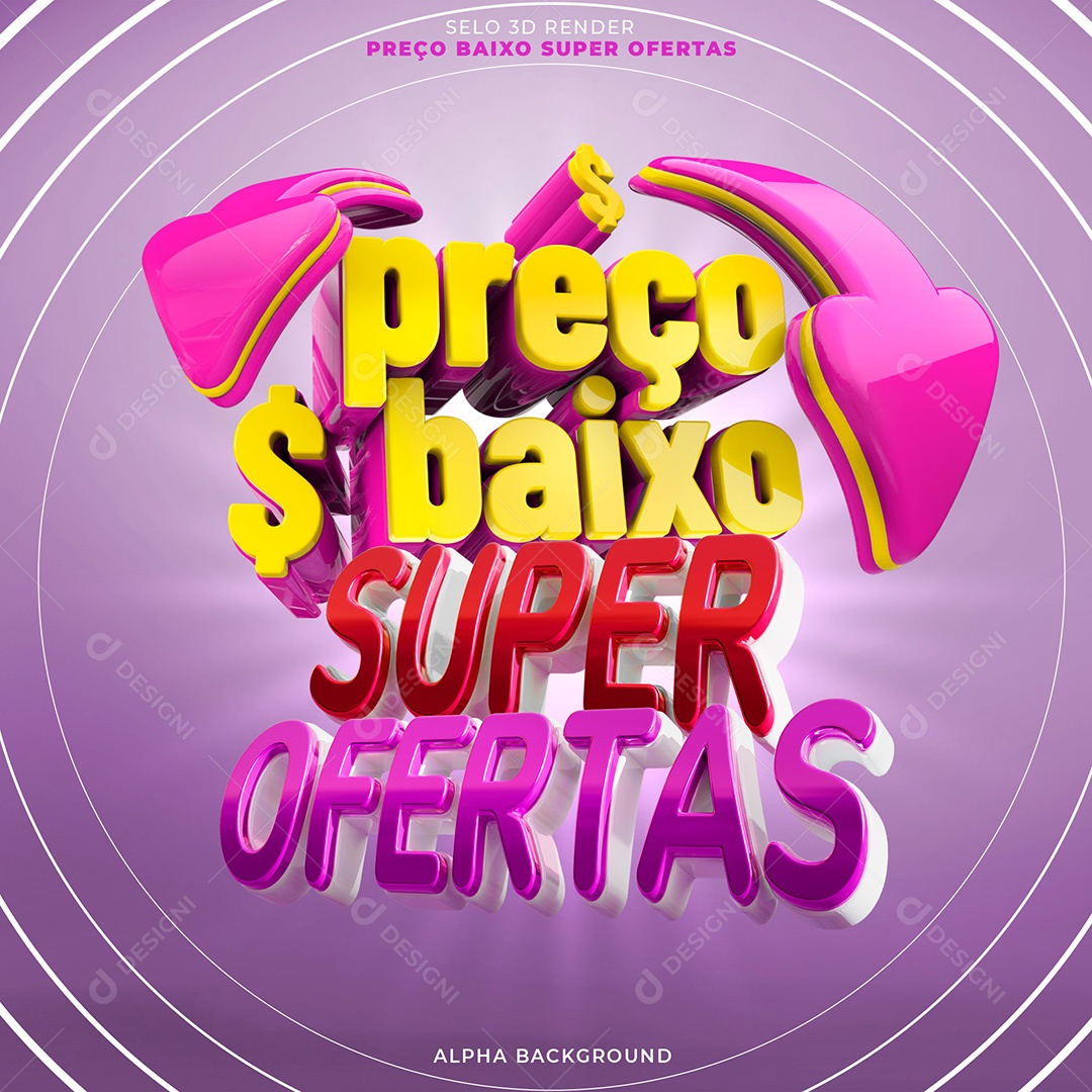Preço Baixo Super Ofertas Selo 3D Rosa e Amarelo para Composição PSD