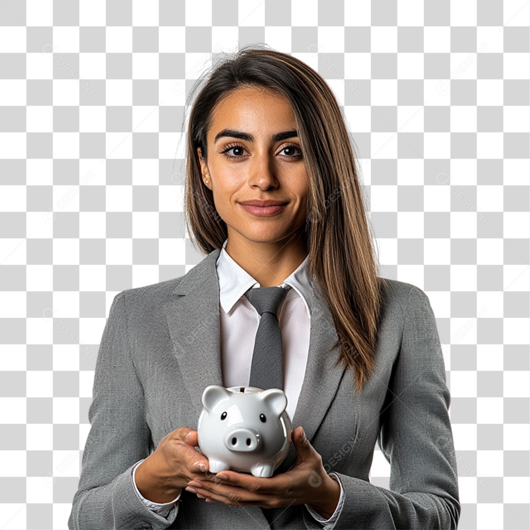 Mulher Empresária com Cofre de Porquinho nas Mão PNG Transparente