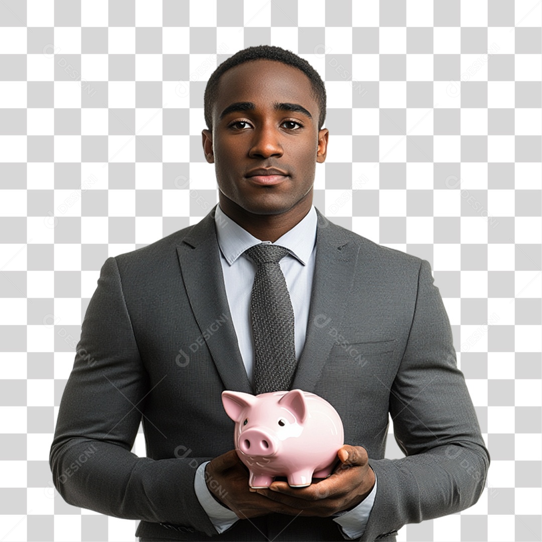 Homem Empresário com Cofre de Porquinho nas Mão PNG Transparente