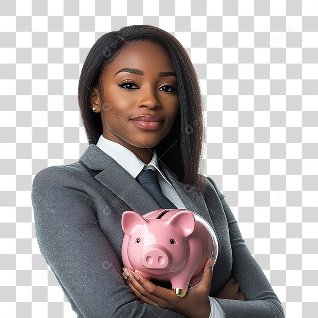 Mulher Empresária com Cofre de Porquinho nas Mão PNG Transparente