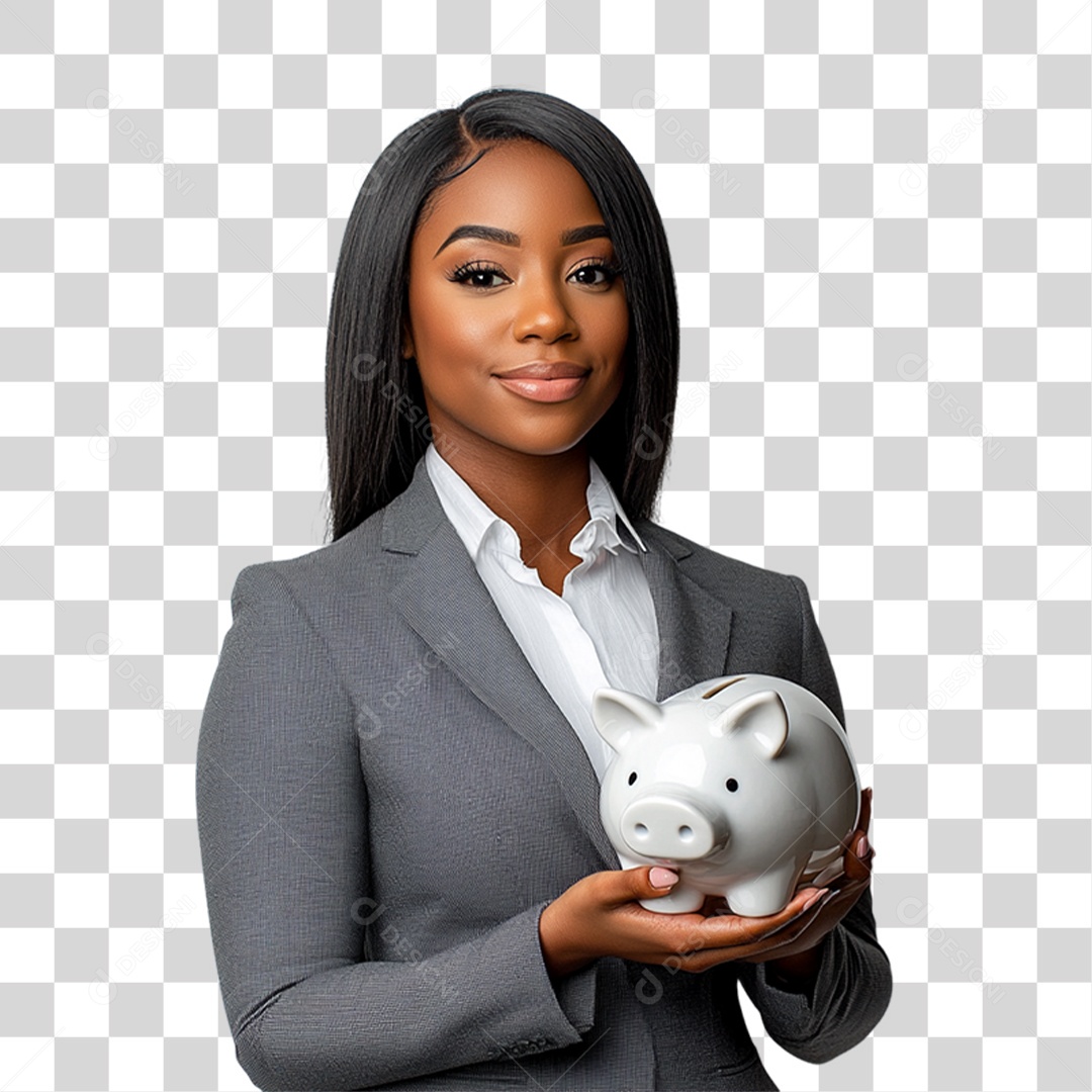 Mulher Empresária com Cofre de Porquinho nas Mão PNG Transparente