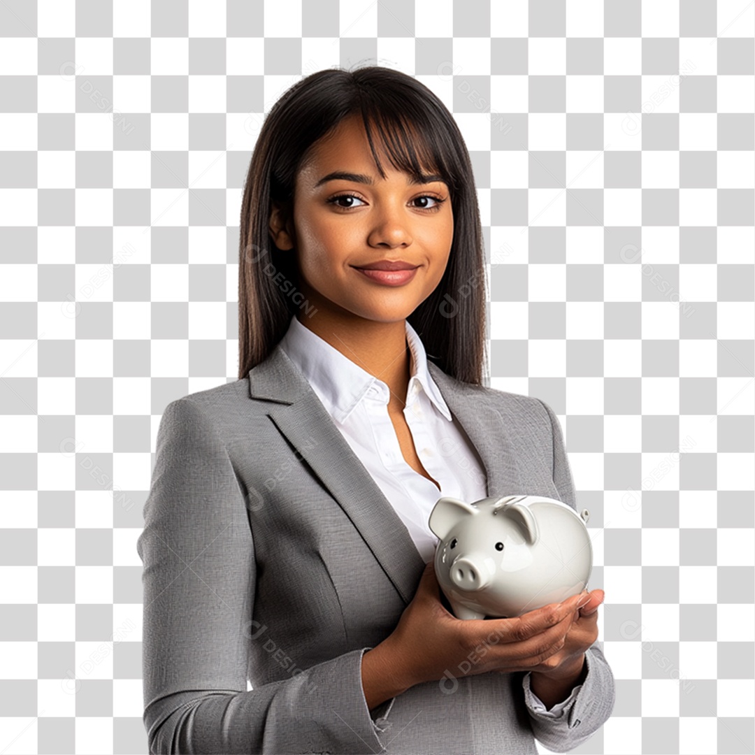 Mulher Empresária com Cofre de Porquinho nas Mão PNG Transparente