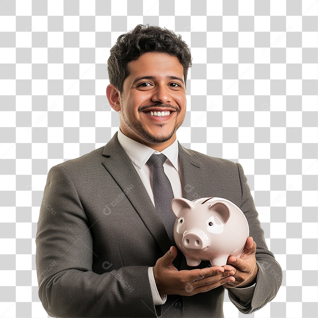 Homem Empresário com Cofre de Porquinho nas Mão PNG Transparente