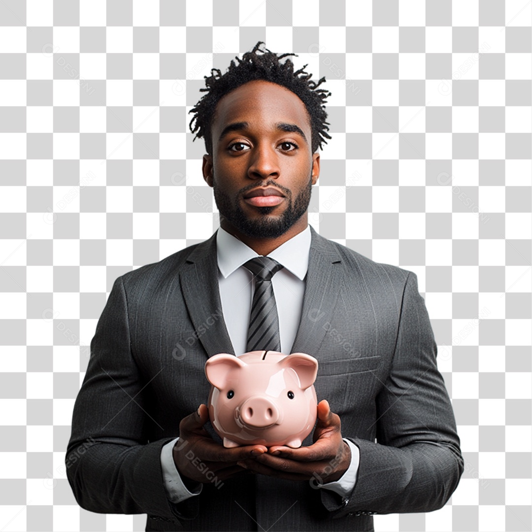 Homem Empresário com Cofre de Porquinho nas Mão PNG Transparente