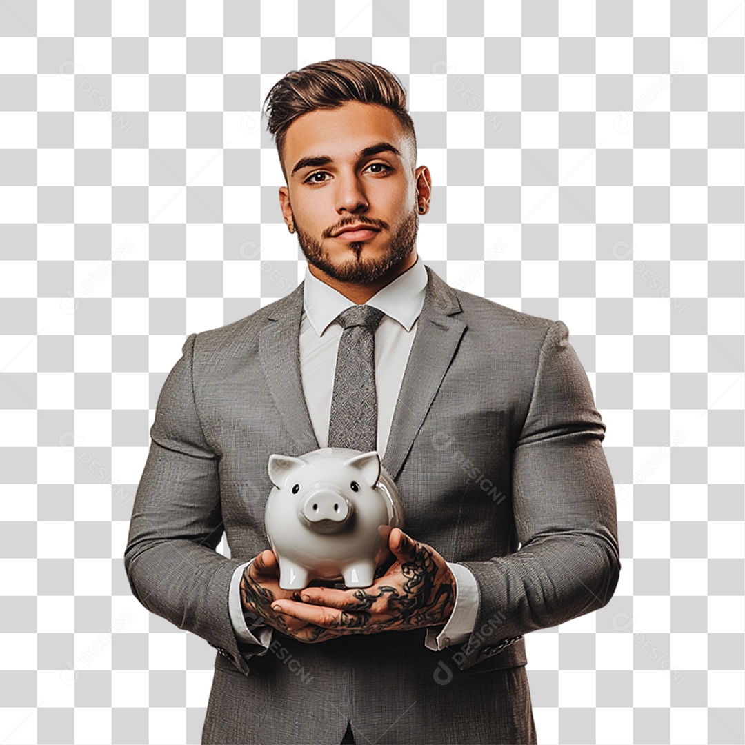 Homem Empresário com Cofre de Porquinho nas Mão PNG Transparente