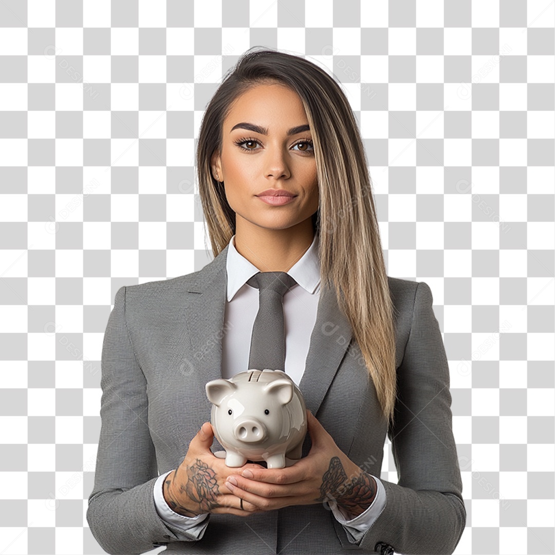 Mulher Empresária com Cofre de Porquinho nas Mão PNG Transparente