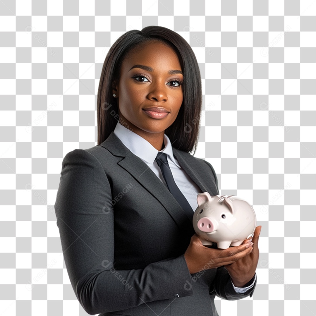 Mulher Empresária com Cofre de Porquinho nas Mão PNG Transparente