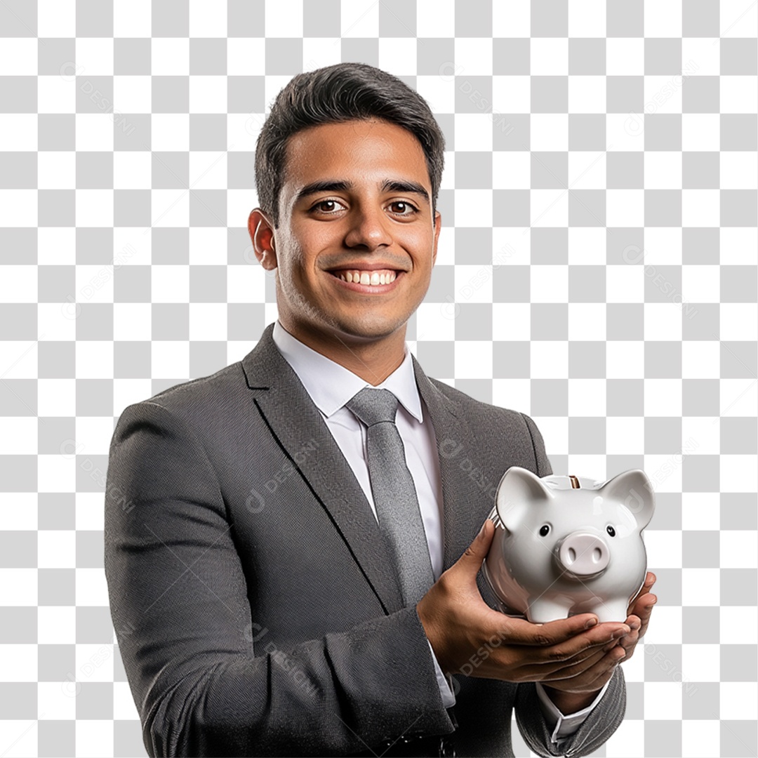 Homem Empresário com Cofre de Porquinho nas Mão PNG Transparente