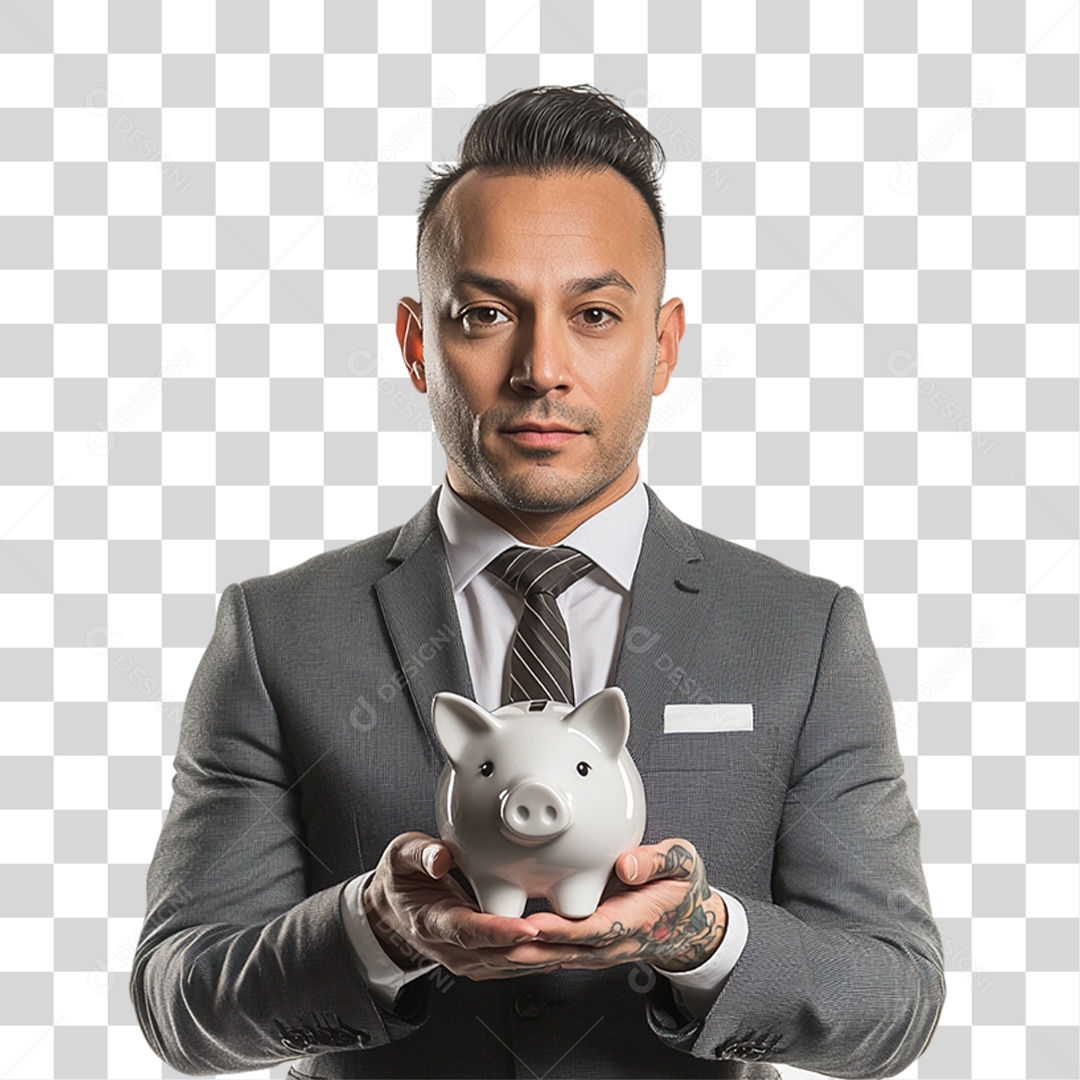 Homem Empresário com Cofre de Porquinho nas Mão PNG Transparente