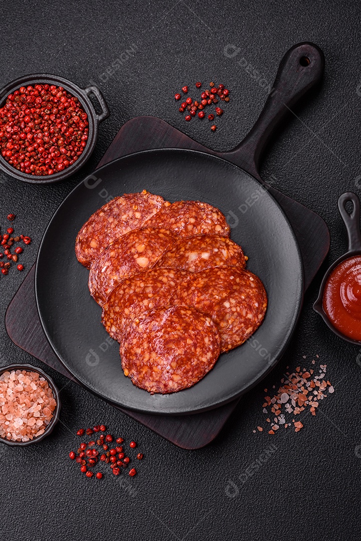 Salame defumado sobre uma tábua de madeira sobre mesa