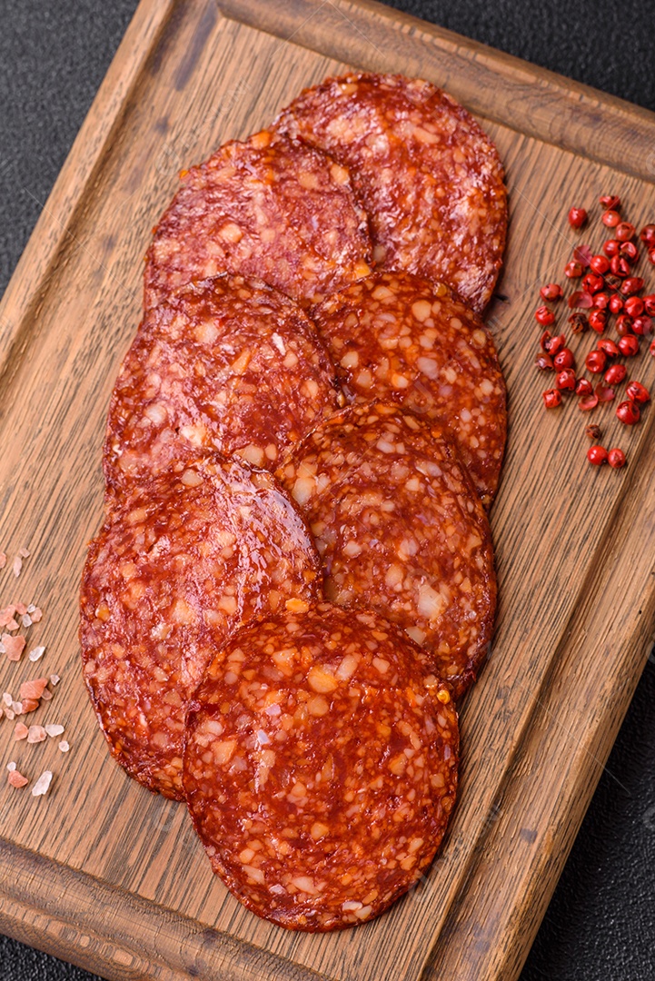 Salame defumado sobre uma tábua de madeira sobre mesa