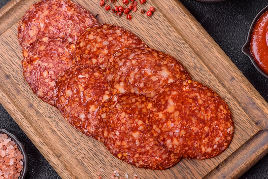 Salame defumado sobre uma tábua de madeira sobre mesa