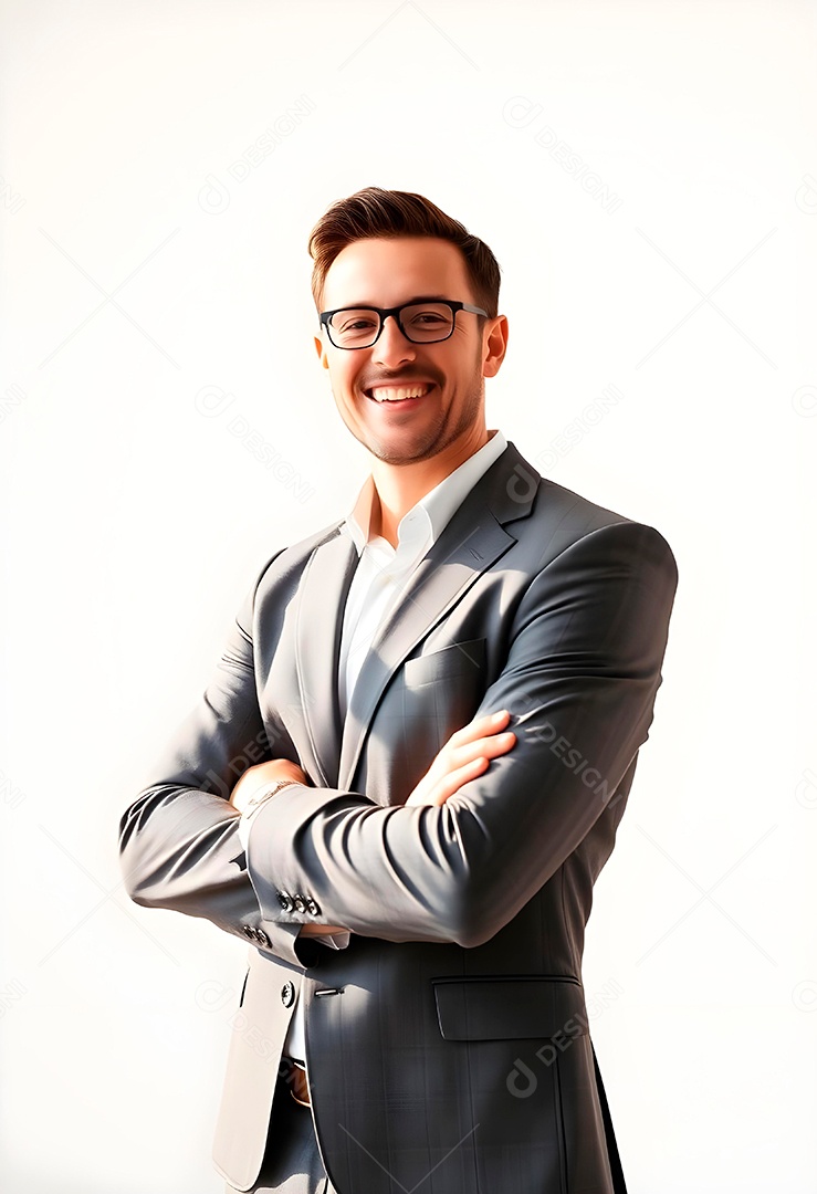 Feliz empresário em pé com os braços cruzados em fundo branco