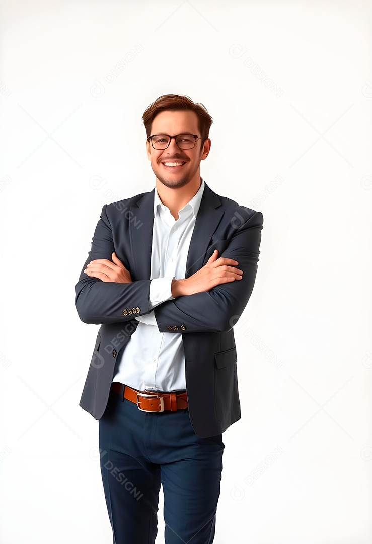 Feliz empresário em pé com os braços cruzados em fundo branco