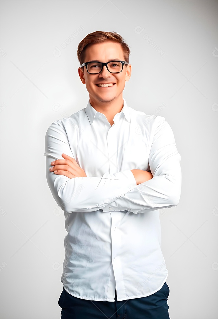 Feliz empresário em pé com os braços cruzados em fundo branco