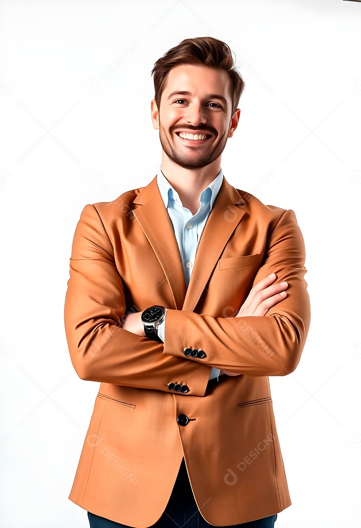 feliz empresário em pé com os braços cruzados em fundo branco