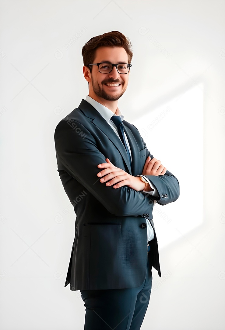 Feliz empresário em pé com os braços cruzados em fundo branco