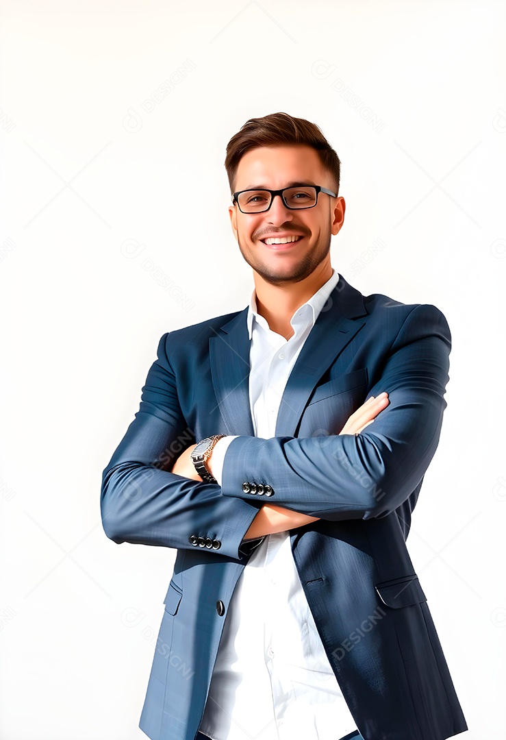 Feliz empresário em pé com os braços cruzados em fundo branco