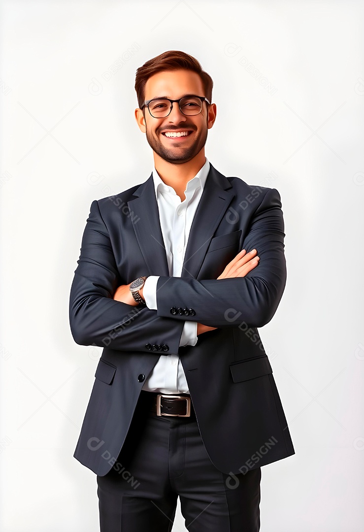 Feliz empresário em pé com os braços cruzados em fundo branco