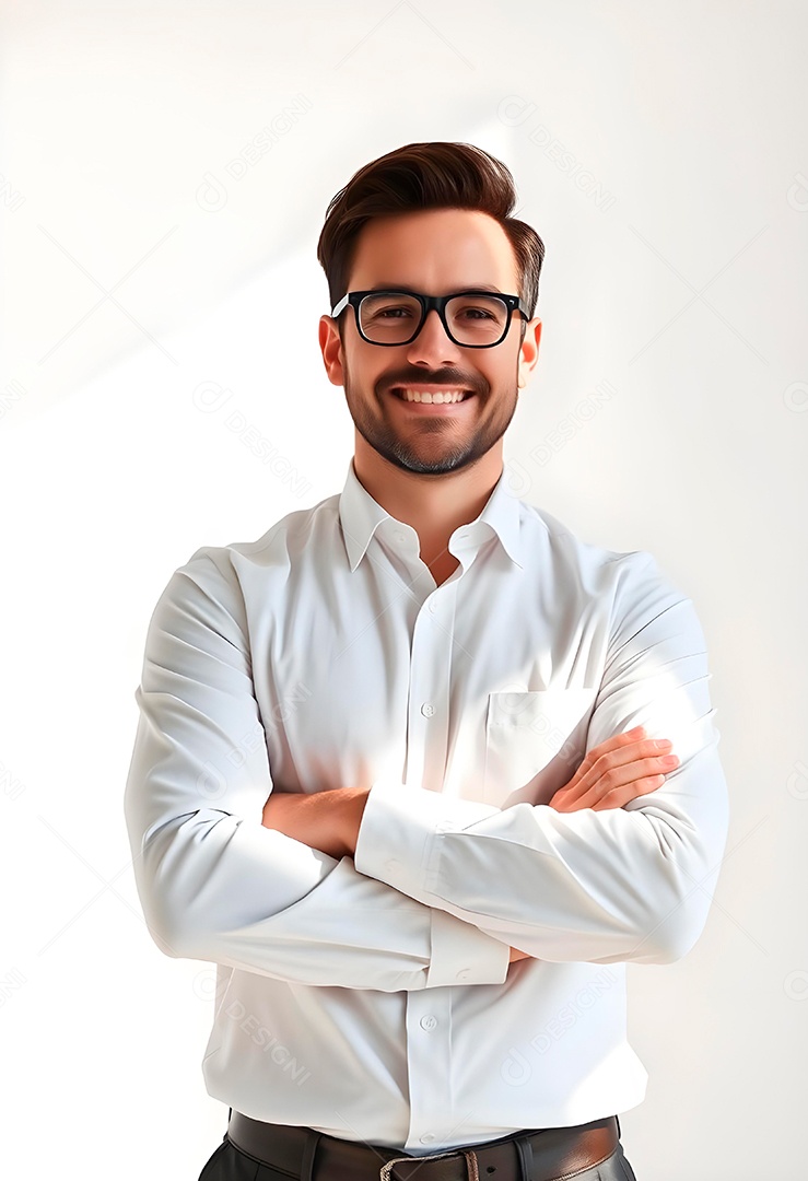 Feliz empresário em pé com os braços cruzados em fundo branco