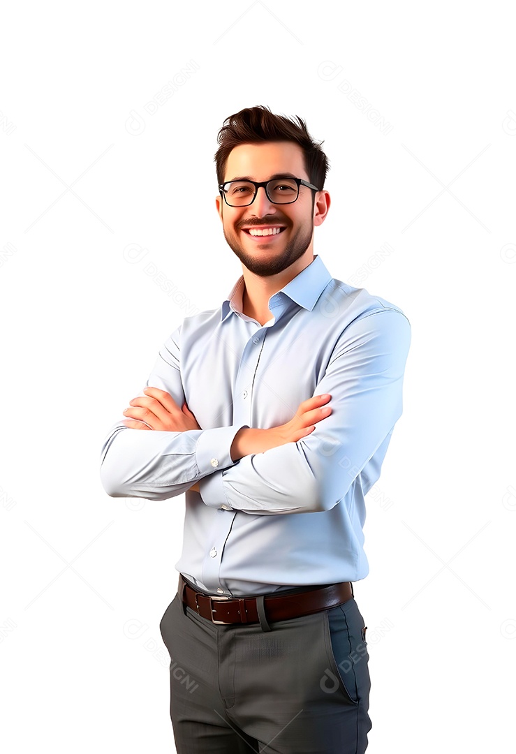 Feliz empresário em pé com os braços cruzados em fundo branco