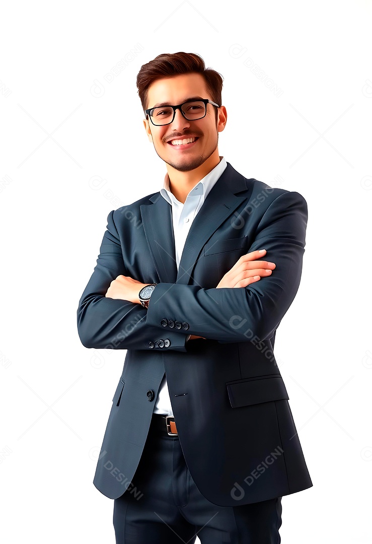 Feliz empresário em pé com os braços cruzados em fundo branco