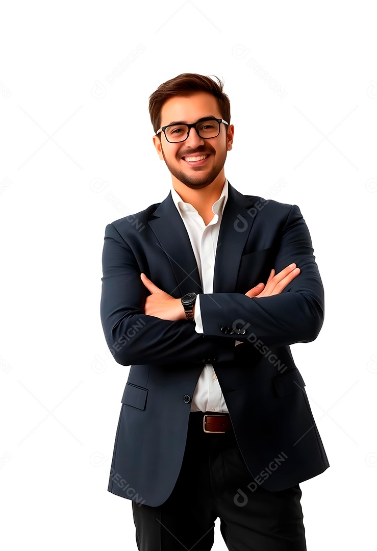 Feliz empresário em pé com os braços cruzados em fundo branco