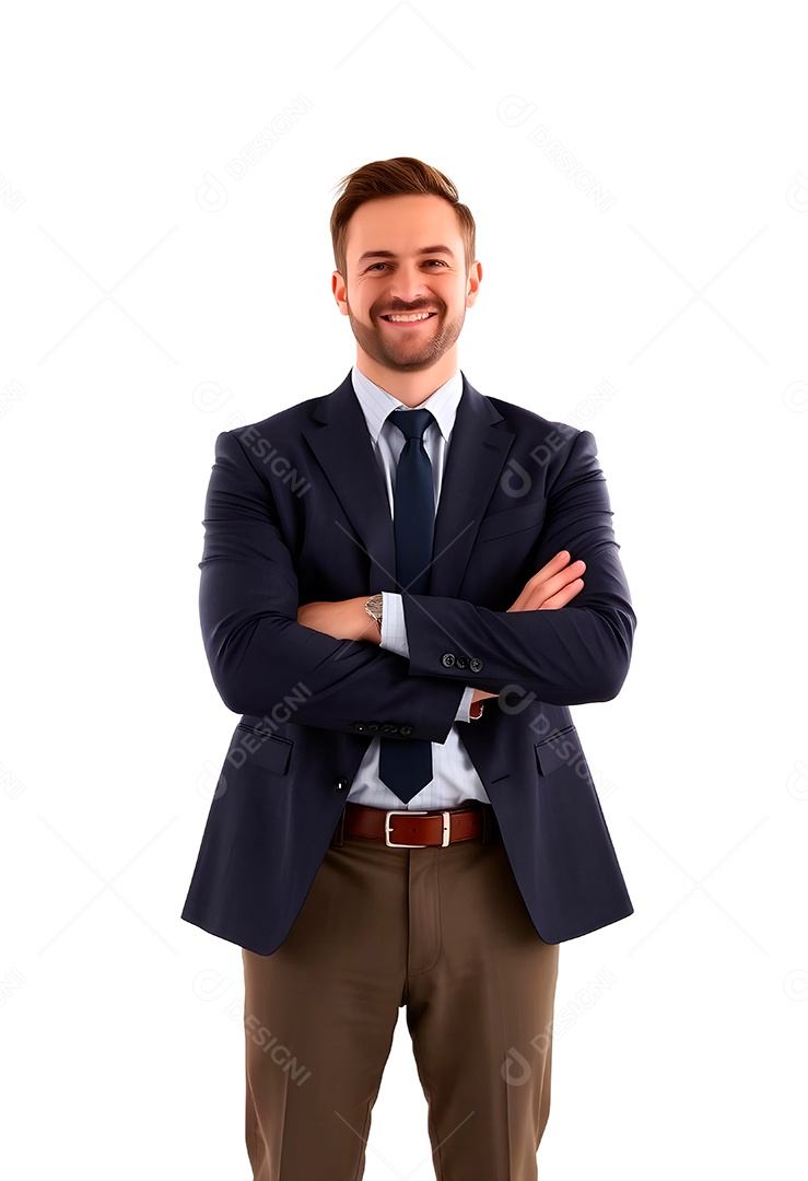 Feliz empresário em pé com os braços cruzados em fundo branco